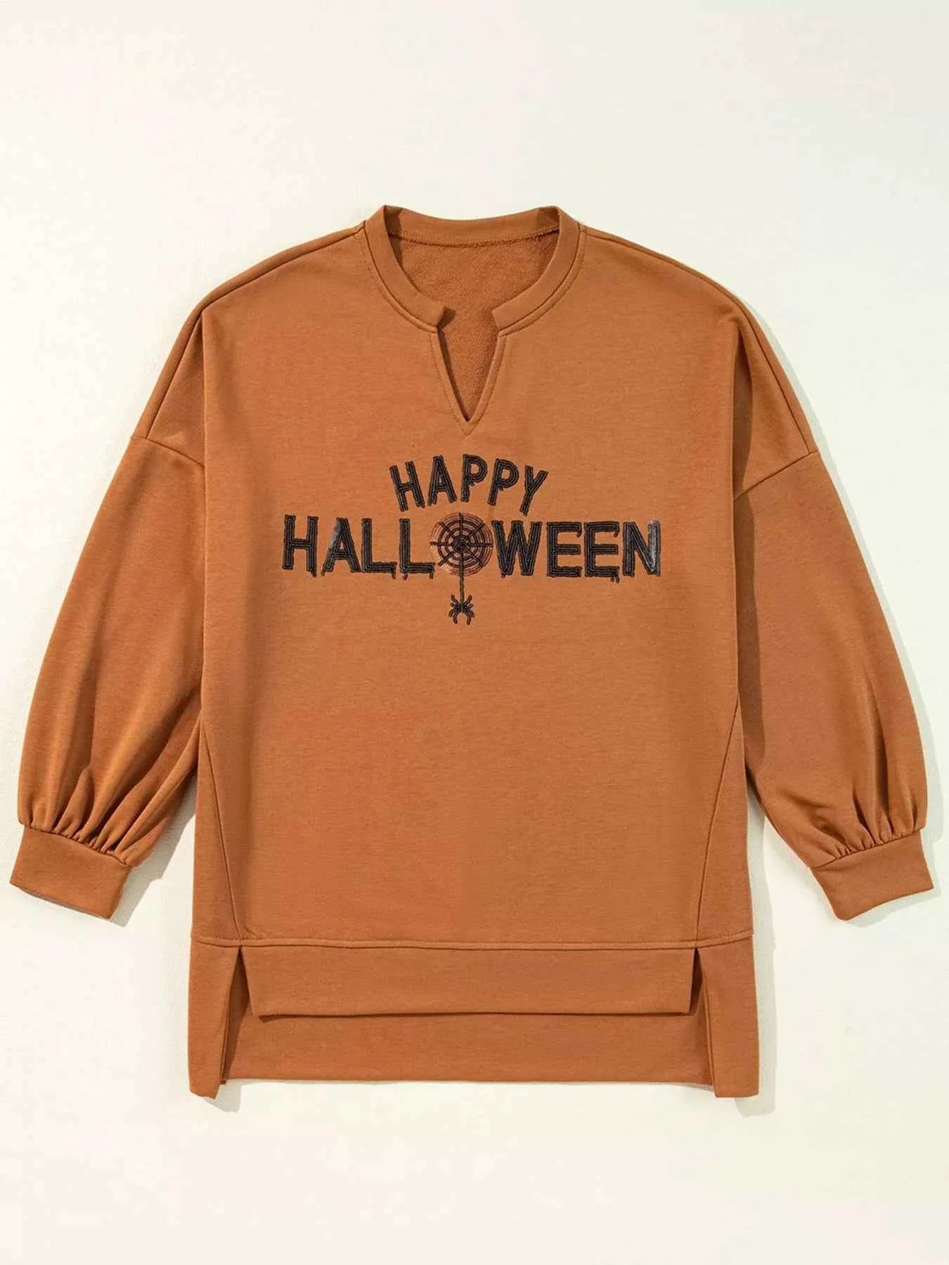Happy Halloween Graphic Notched Long Sleeve Loose Top 9287ed78-c91d-436a-ba9b-97480072ff46-Max-Origin