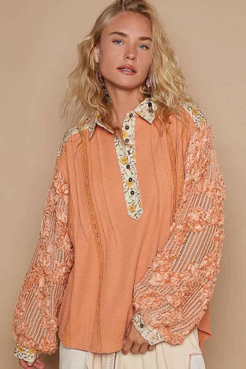 Floral Half Button Lace Detail Long Sleeve Top Sherbet 928c8136-b901-45f4-82a1-8654d2c9b34a-Max-Origin