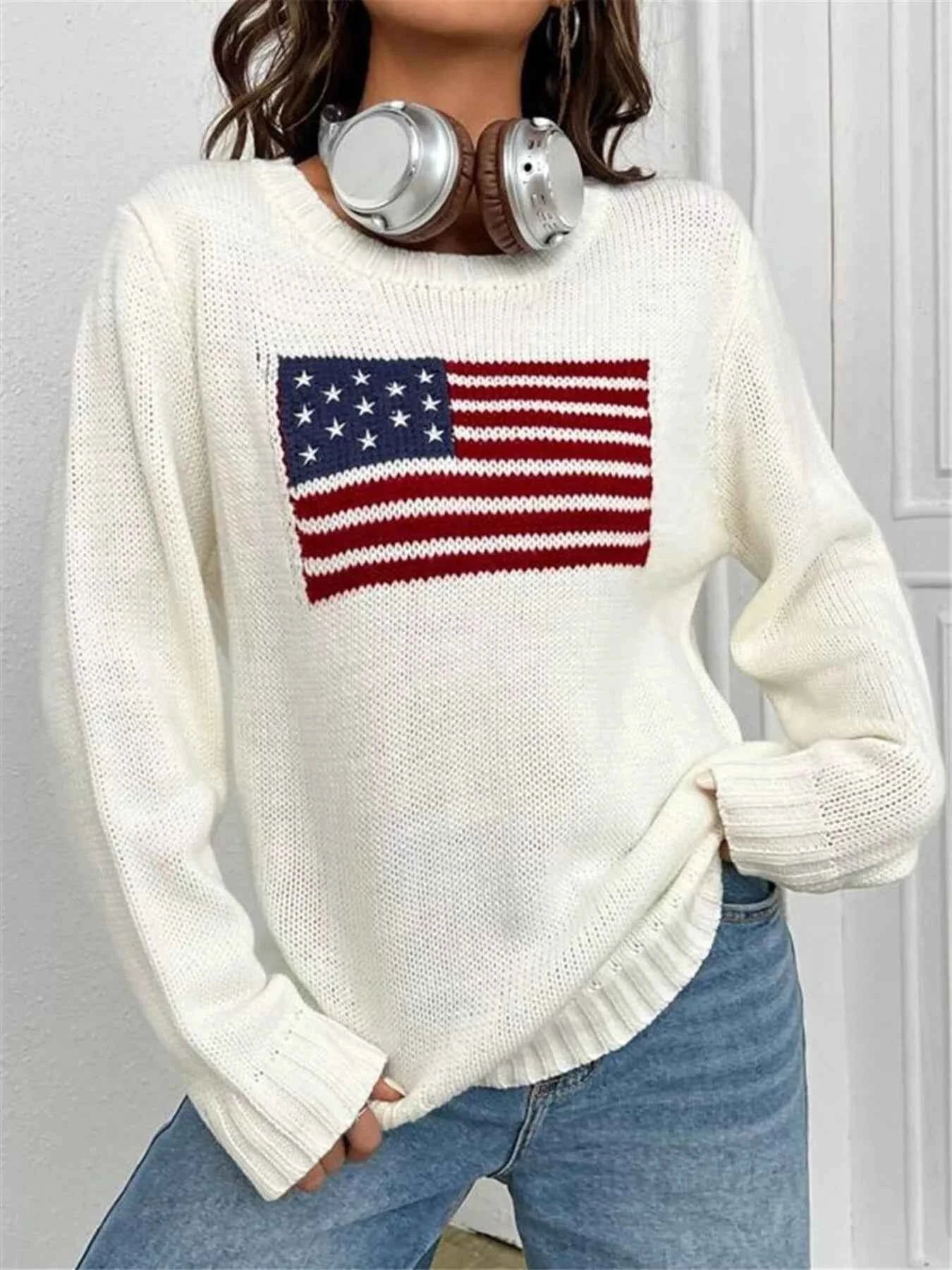 US Flag Round Neck Long Sleeve Sweater 928eee87b9c841f7a1c5f71555c0707d-Max-Origin