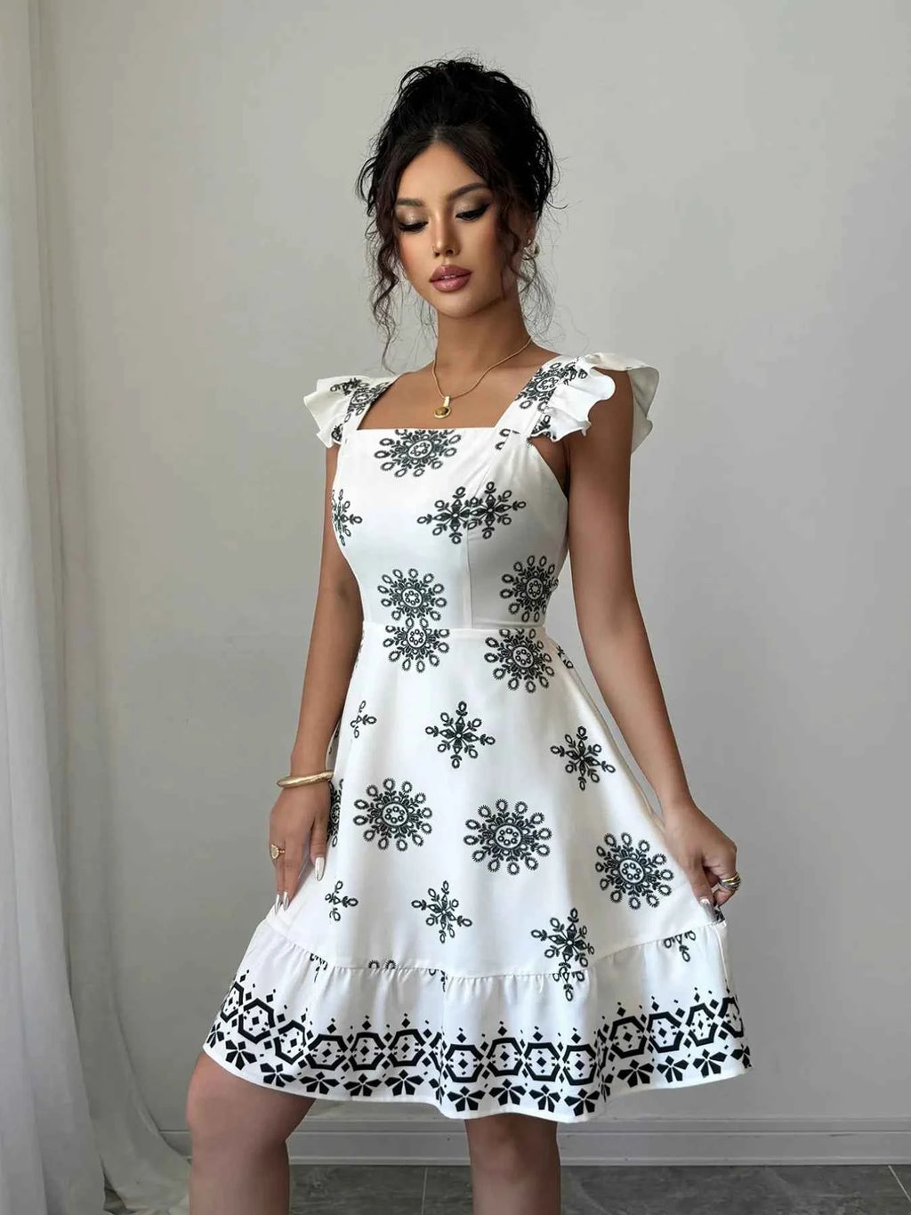 Printed Ruffled Cap Sleeve Dress White 929c055b-2e4a-4bff-bc56-abcb92262279-Max-Origin
