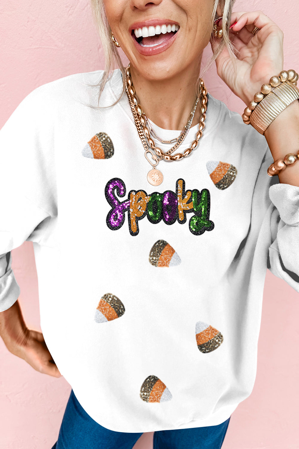 White Spooky Halloween Spirit Sequins Patch Casual Sweatshirt 929c3d8dfa763c06