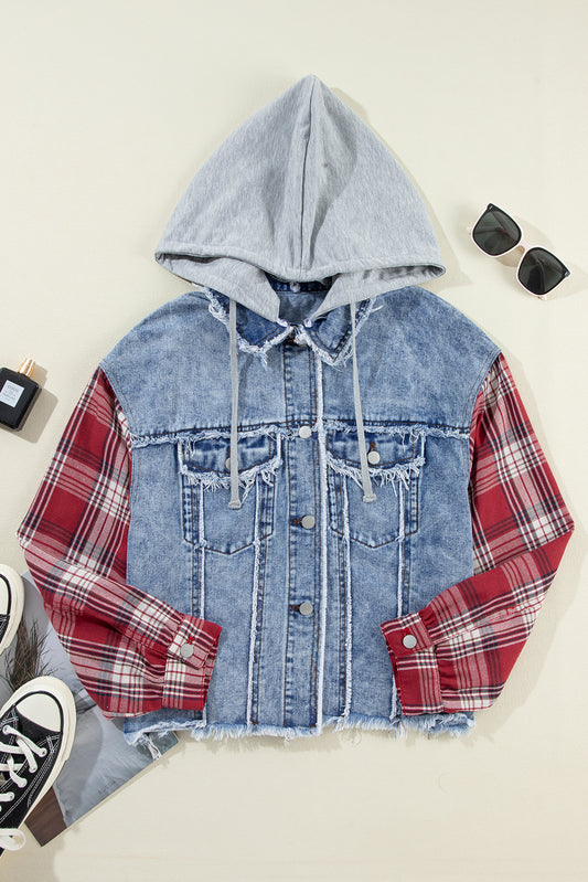 Beau Blue Plaid Print Patchwork Hooded Raw Hem Denim Jacket 92ac1aa9e2667dd9
