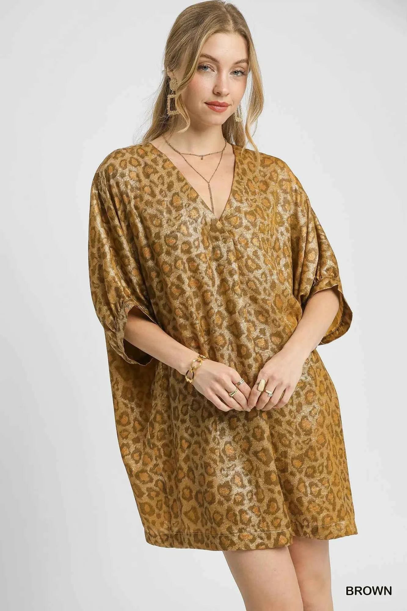 Umgee Metallic Leopard Print V-Neck Kimono Dress Brown 92ac9f00-4fba-42da-97b2-014fac0d7bcc-Max-Origin