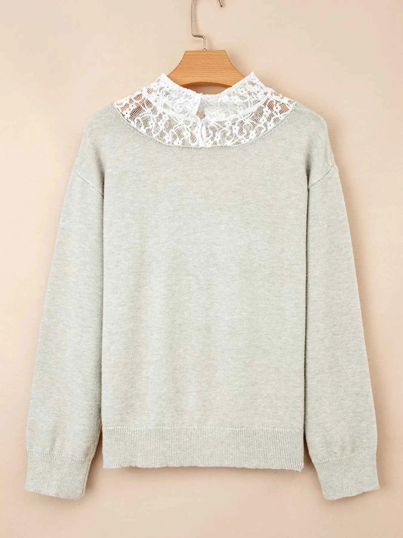 Button Keyhole Lace Patchwork Drop Shoulder Sweater 92ad6ff9e34641d39fcbbcd63291ceca-Max-Origin