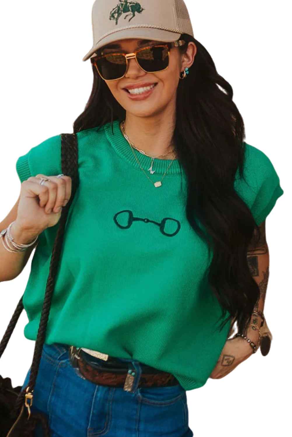 Bright Green Horse Bit Embroidered Short Sleeve Sweater 92b069b31d735a2b