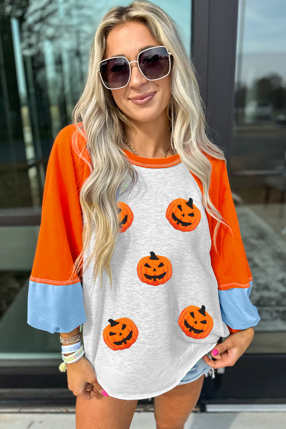 Light Grey Chenille Halloween Pumpkin Terry Flocking Long Sleeve Top 92b3f7f6e66324c3