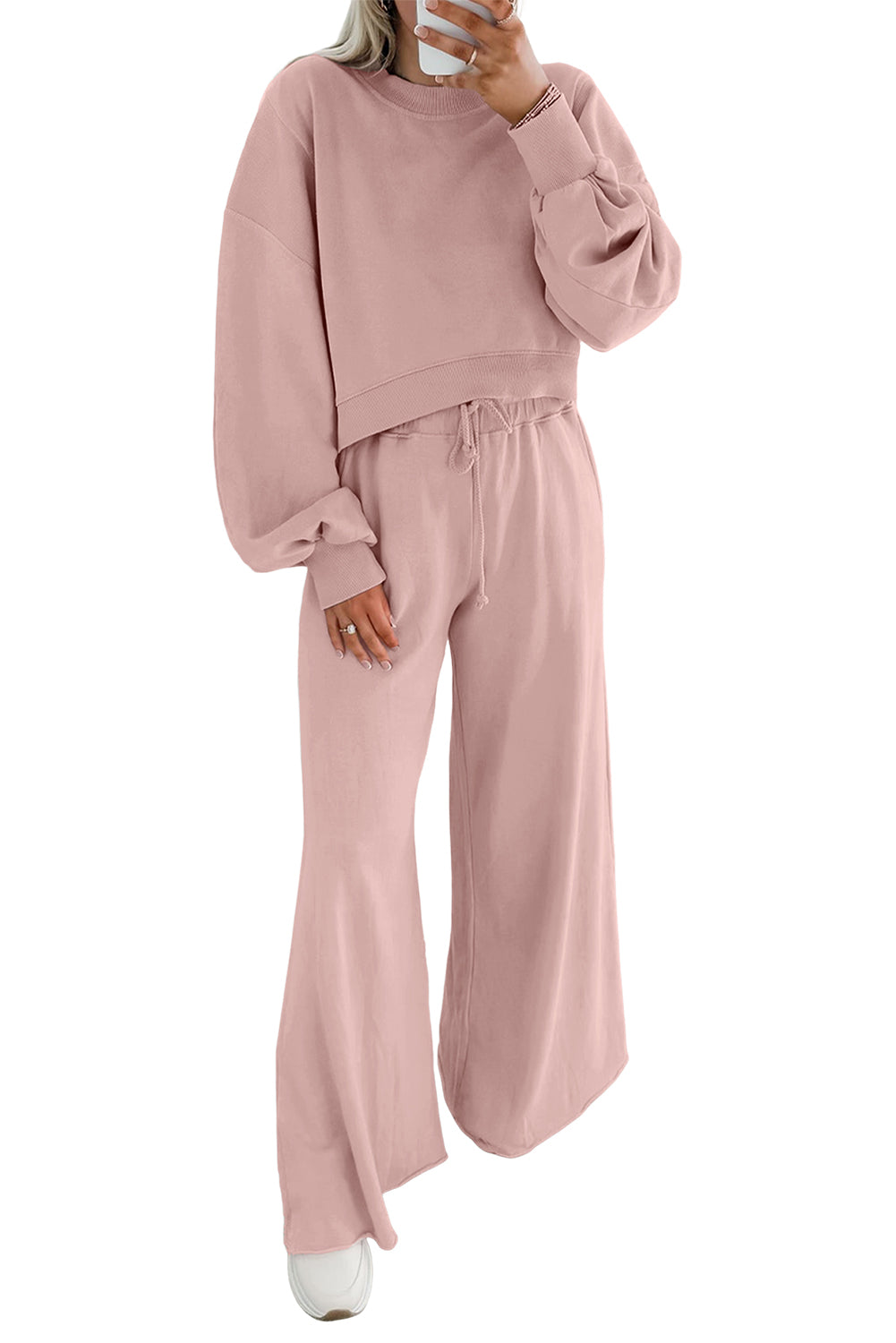 Flamingo Drop Shoulder Crop Pullover Drawstring Wide Leg Pants Set Light Pink 65%Polyester+35%Cotton 92b746bc891cb116