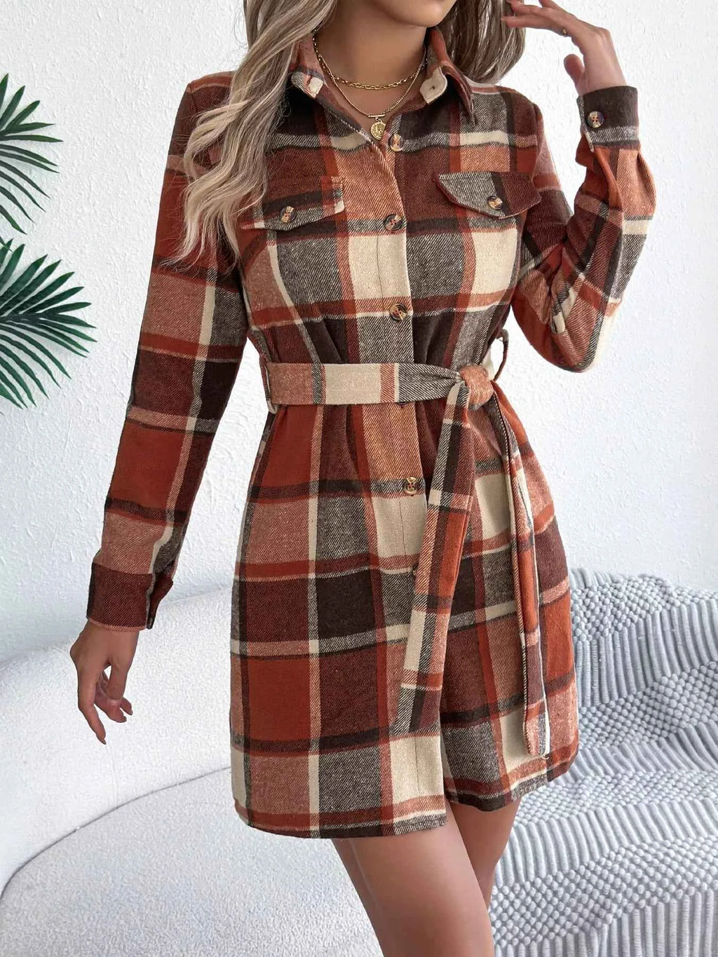 Plaid Button Front Tie Waist Shirt Dress 92be1bf8c4df4ebea5d310c814434df8-Max-Origin