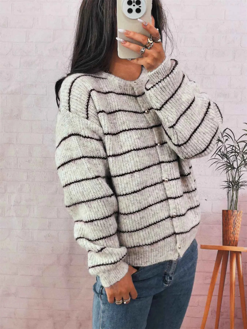 Striped Button Up Long Sleeve Cardigan 92be954b39114e95b1f5b65182bd435d-Max-Origin