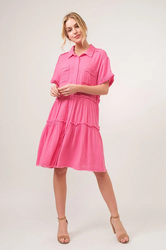 Full Size Raw Edge Washed Tiered Shirt Dress - 100% Cotton 92c004f2-ad5d-4116-9a4a-f1a47c78bd6c-Max