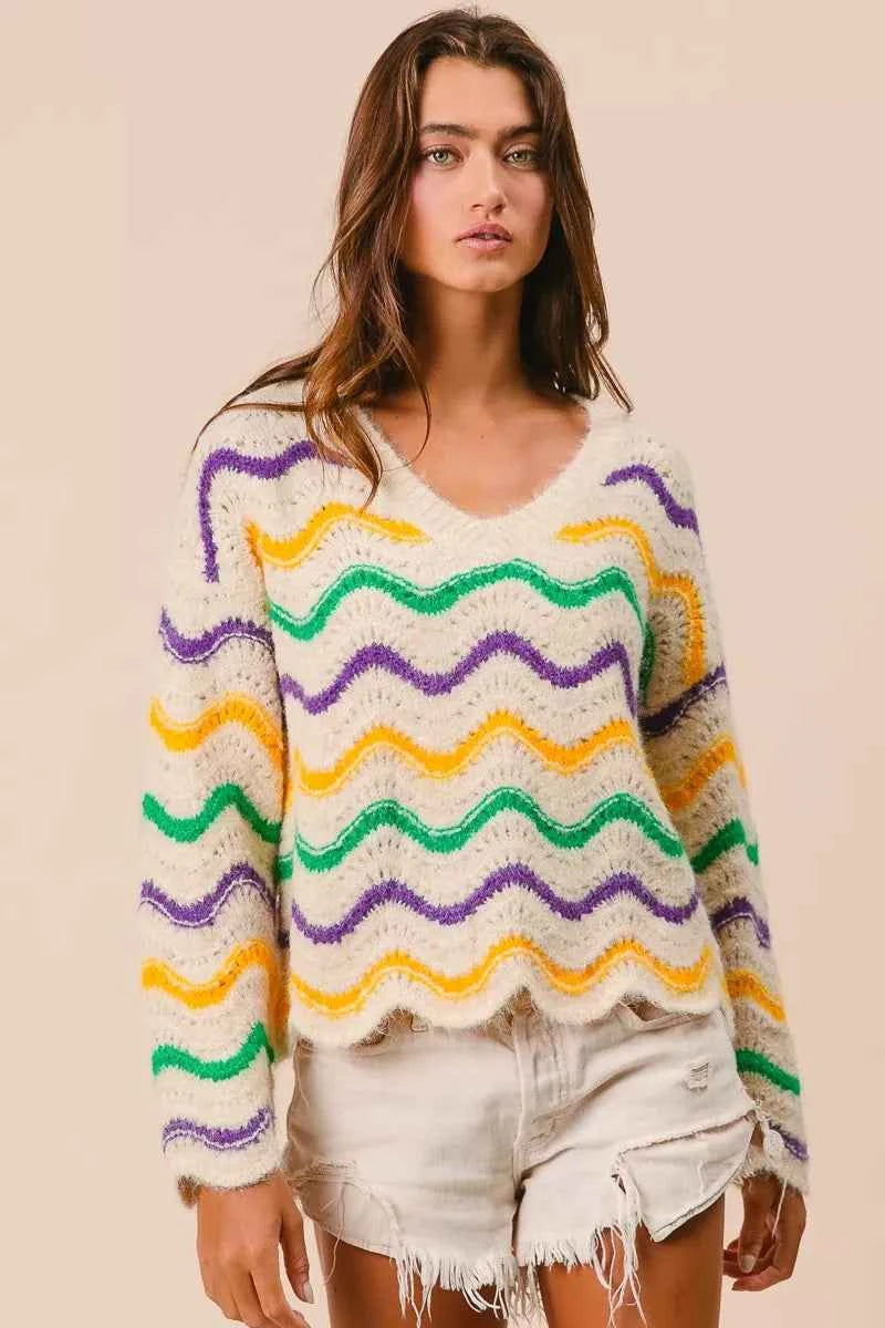 BiBi Mardi Gras Wavy Stripes V-Neck Sweater 92c1359b7ec34962991ff9cb9240485c-Max-Origin