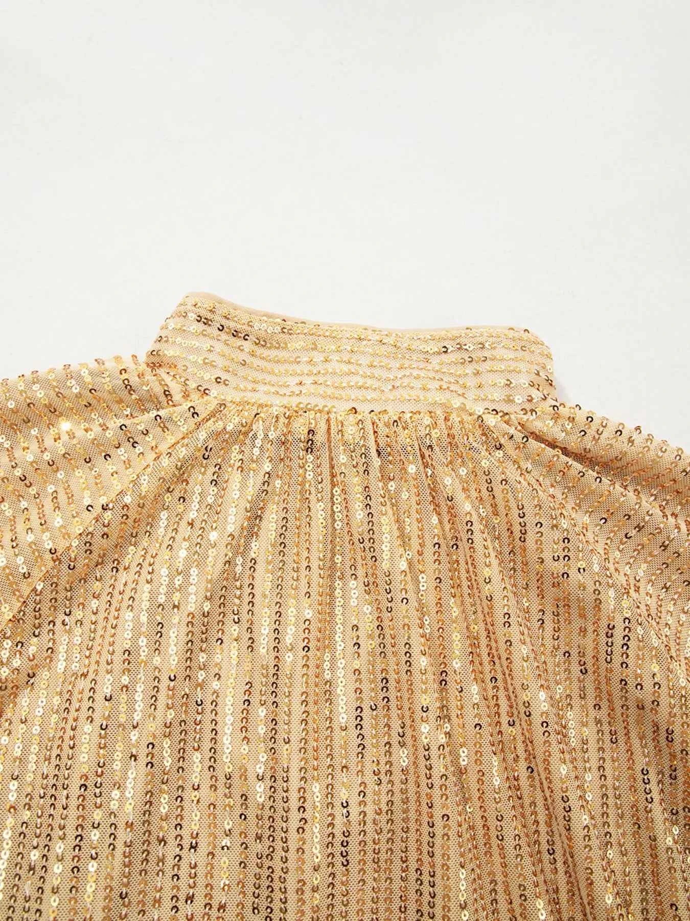 Metallic Balloon Sleeve Buttoned High Neck Loose Blouse 92c4a2a22409462eb4372ac17ab53d86-Max-Origin