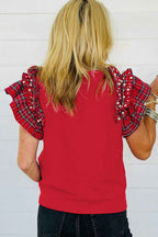 Racing Red Plaid Pearl Ruffled Sleeve Knitted Christmas Holiday Plus Size Top 92c732a4f2d887ce
