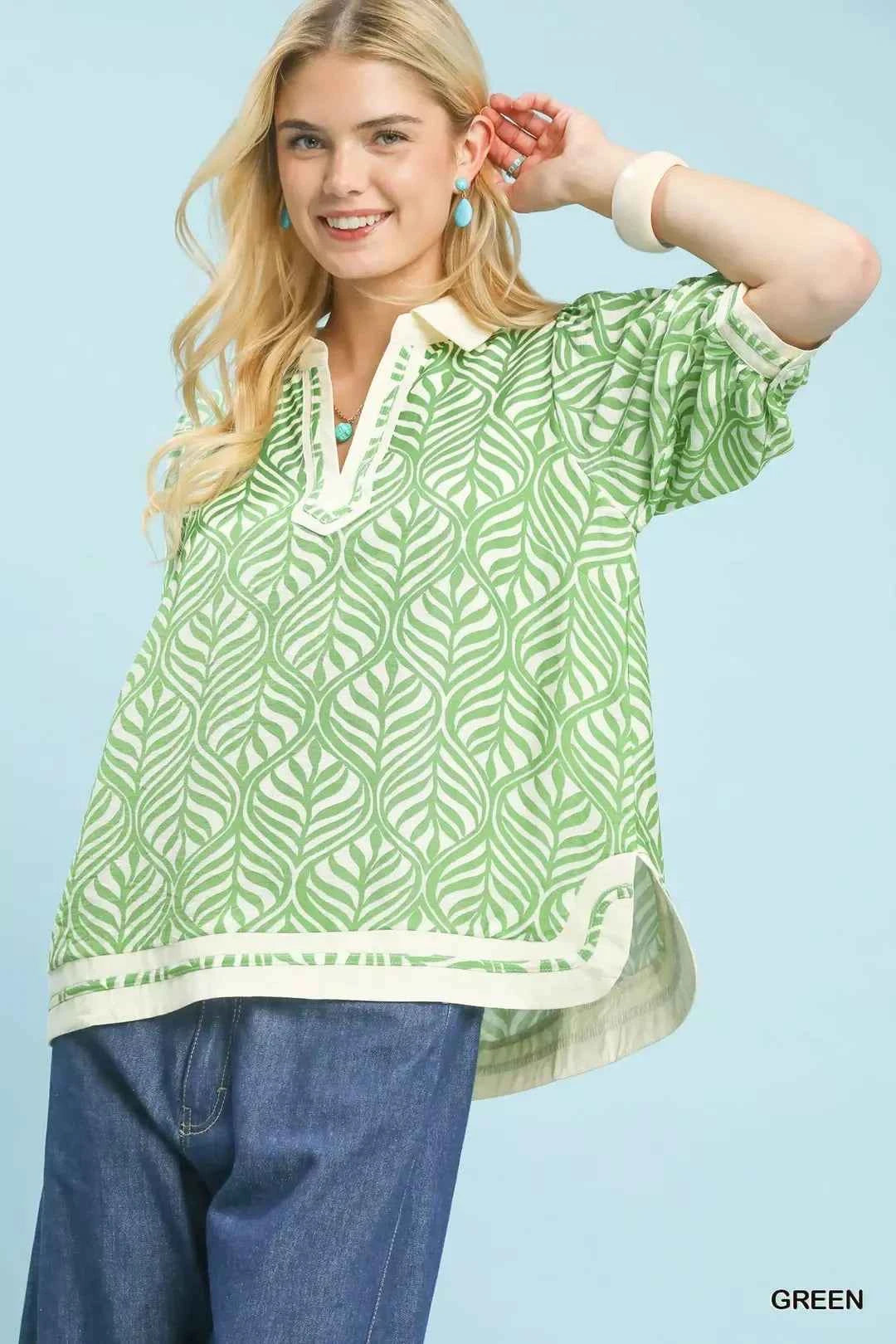 Umgee Geometric Leaf Print Popover Top GREEN 92cb89e9-35b9-4659-b4ff-4b29354d40aa-Max-Origin