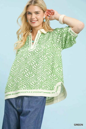 Geometric Leaf Print Popover Top GREEN 92cb89e9-35b9-4659-b4ff-4b29354d40aa-Max-Origin