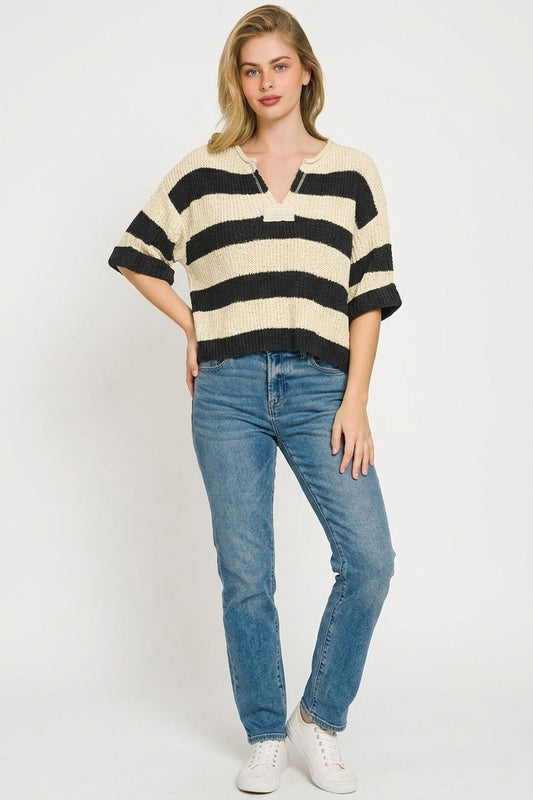 Split Neck Stripe Sweater 92cf078c-373d-4b90-a9e9-9ef585436f66-Max
