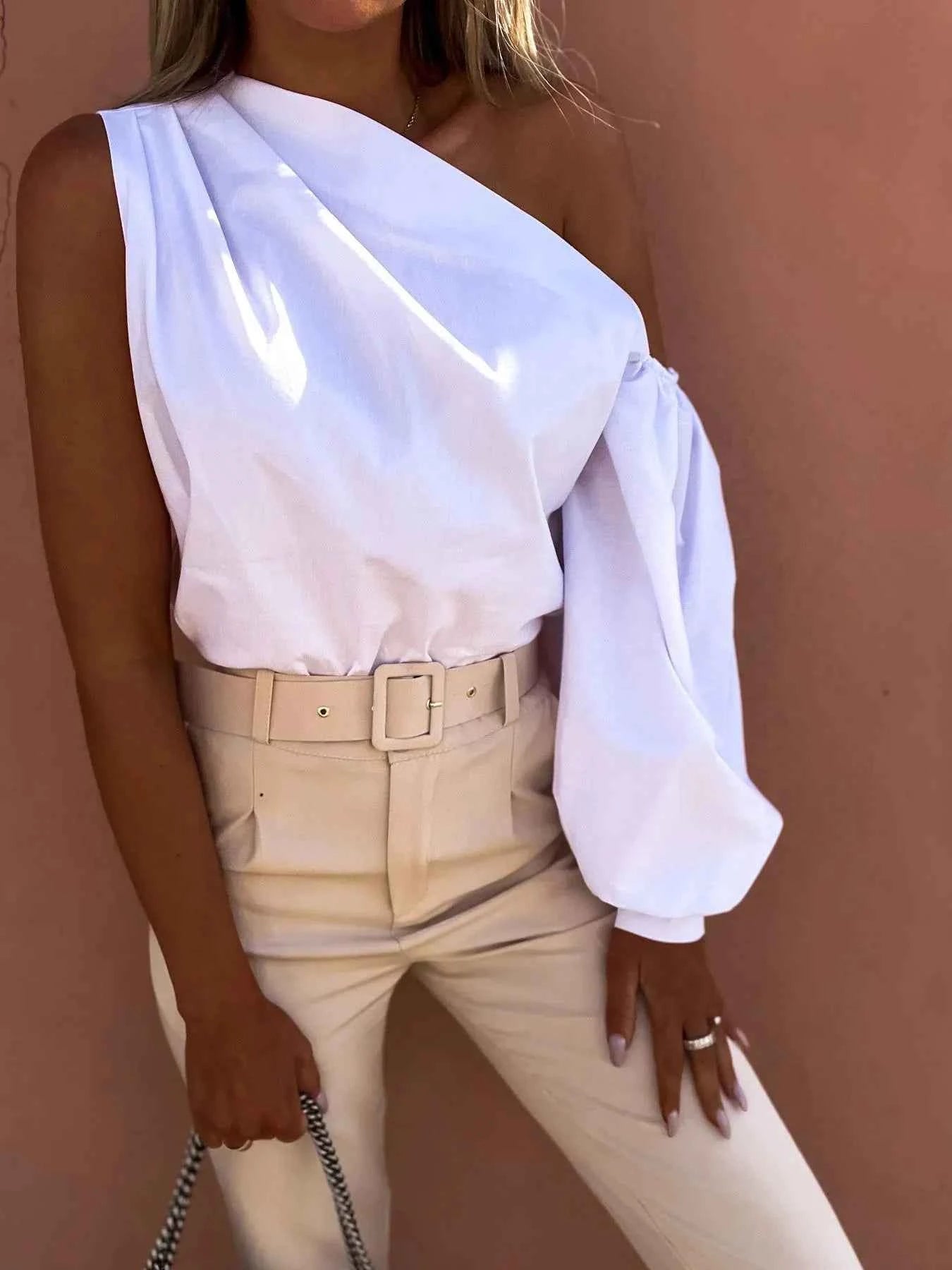 One Shoulder Puff Sleeve Blouse 92cf429775e840758c29308e9bb2e343-Max-Origin