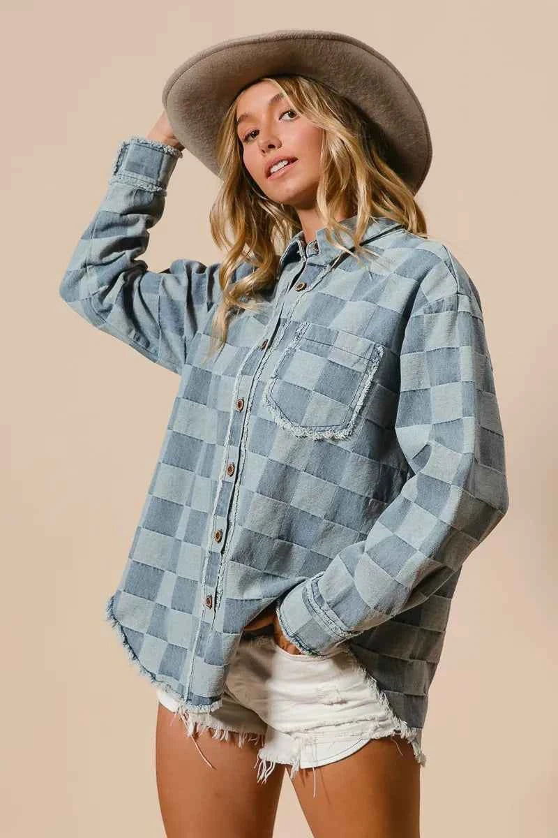 BiBi Frayed Edged Detail Washed Checker Denim Shirt 92d14b97dfc245f2ac34d7511c3b2e5d-Max-Origin