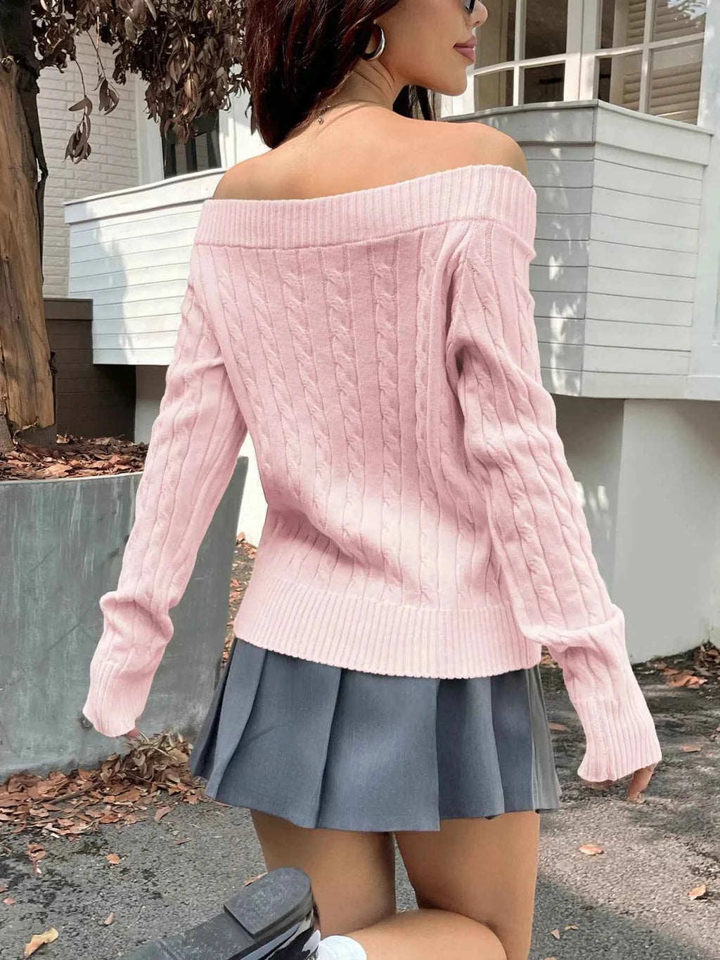Off-Shoulder Cable Knit Sweater 92d9244f6fbe47b4b7f7d1e8ef0d9df7-Max-Origin