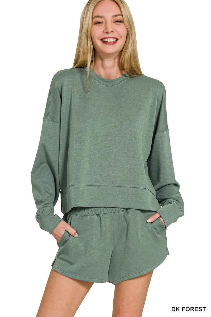 Zenana Scuba Long Sleeve Sweatshirts & Shorts Set DK FOREST 92d9b95dfbed47809f836c39f4399d85-Max-Origin