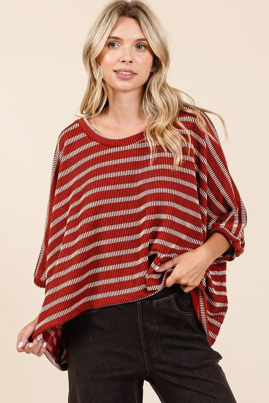 Texture Striped Print Round Neck Dolman Sleeve Top 92dcfec1-2114-4b08-ac4d-0af1ea4d4200-Max