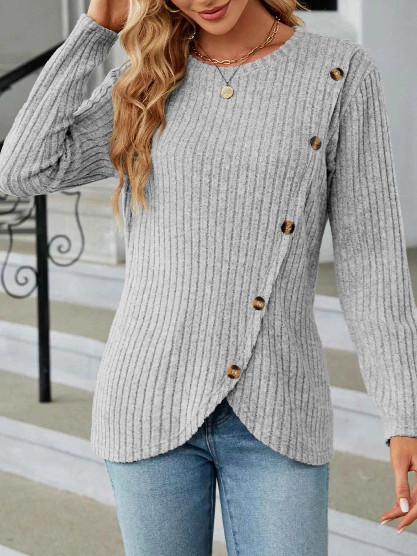 Ribbed Knit Decor Button T-Shirt 92e1973c-7a1c-41cb-9577-7024a57f5eea-Max-Origin