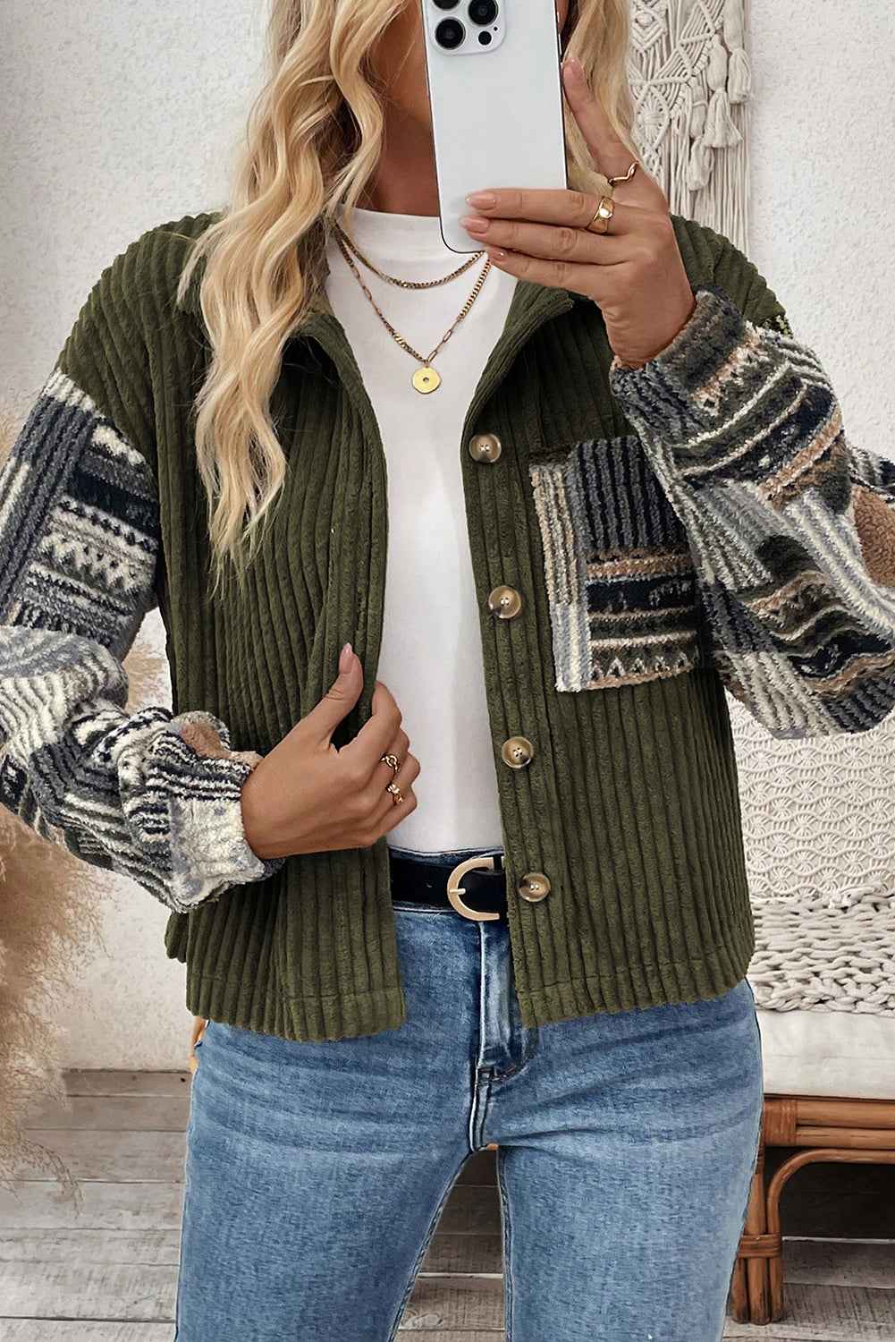 Jungle Green Ribbed Fleece Plaid Print Patchwork Button Up Jacket 92f2675cc5f2daf5