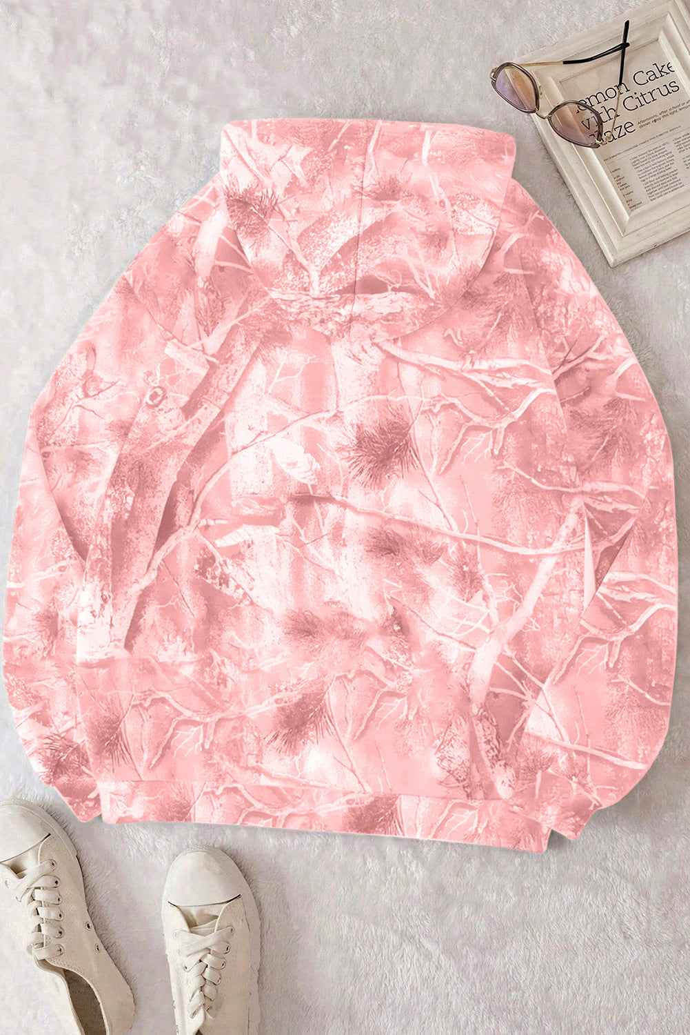 Light Pink Camouflage Plant Print Kangaroo Pocket Oversized Hoodie 92f54168c3854eae