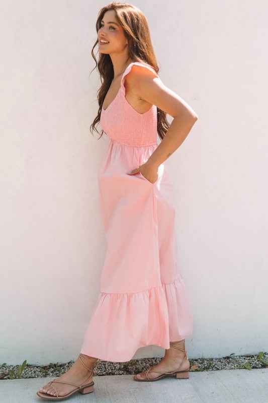 Solid V-Neck Flutter Sleeve Ruffle Maxi Dress 92f62381-b895-49f0-a7d1-b5905939bfb6
