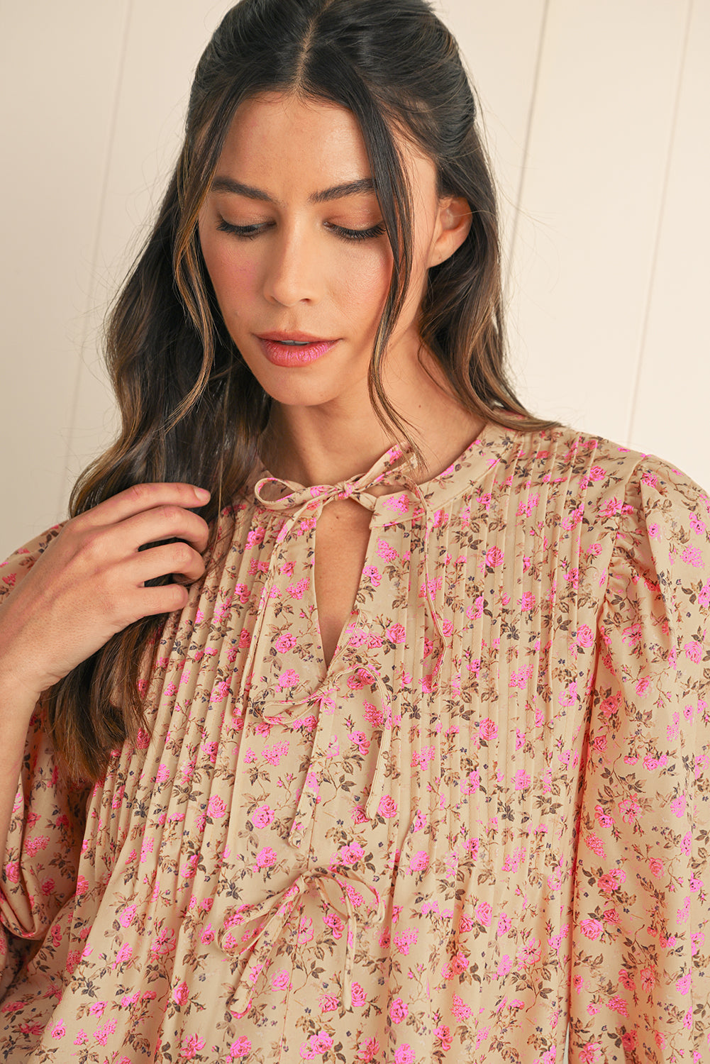 Light French Beige Ditsy Floral Print Bow Front Puff Sleeve Blouse 92f8be65fddf9260