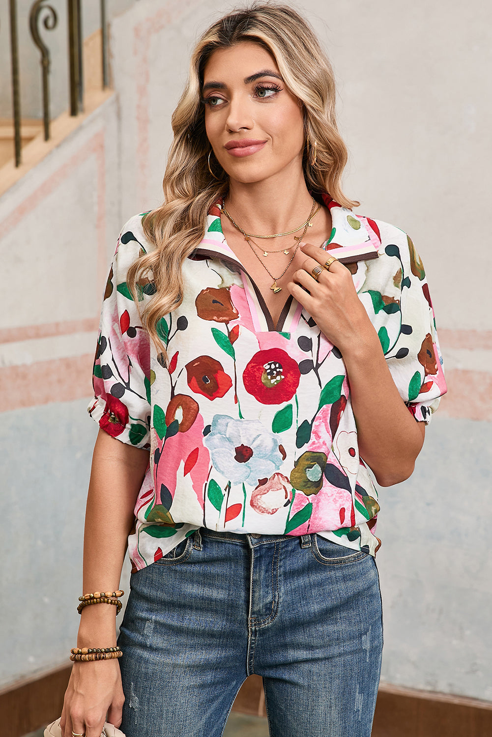 Pink Floral Print Boho Pop of Color Neckline Blouse 92f99f2a4a7d9fae