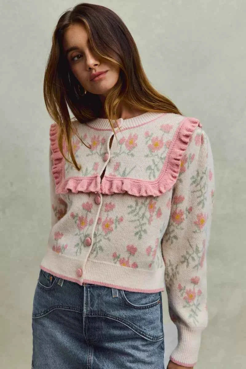 SO ME Flower With Ruffle Detailing Sweater Cardigan 92fa07bf70ed430da8869d24696c5403-Max-Origin