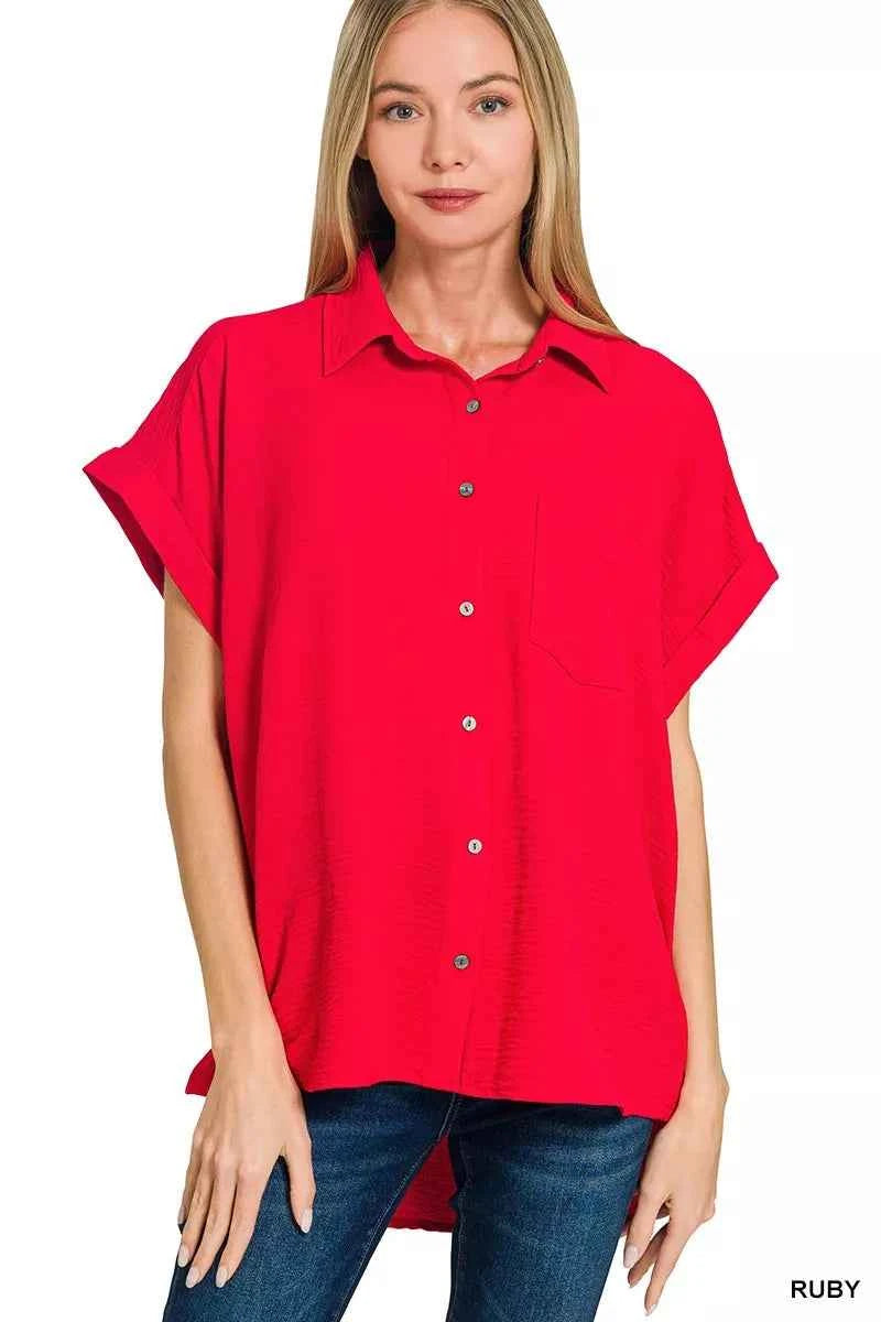 Zenana Woven Airflow Button Down Shirt RUBY 92ff7413bc314c0e9f4f8dfcf6045fff-Max-Origin