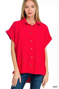 Zenana Woven Airflow Button Down Shirt RUBY 92ff7413bc314c0e9f4f8dfcf6045fff-Max-Origin