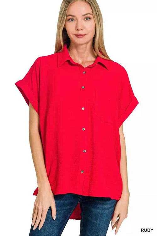 Zenana Woven Airflow Button Down Shirt RUBY 92ff7413bc314c0e9f4f8dfcf6045fff-Max-Origin