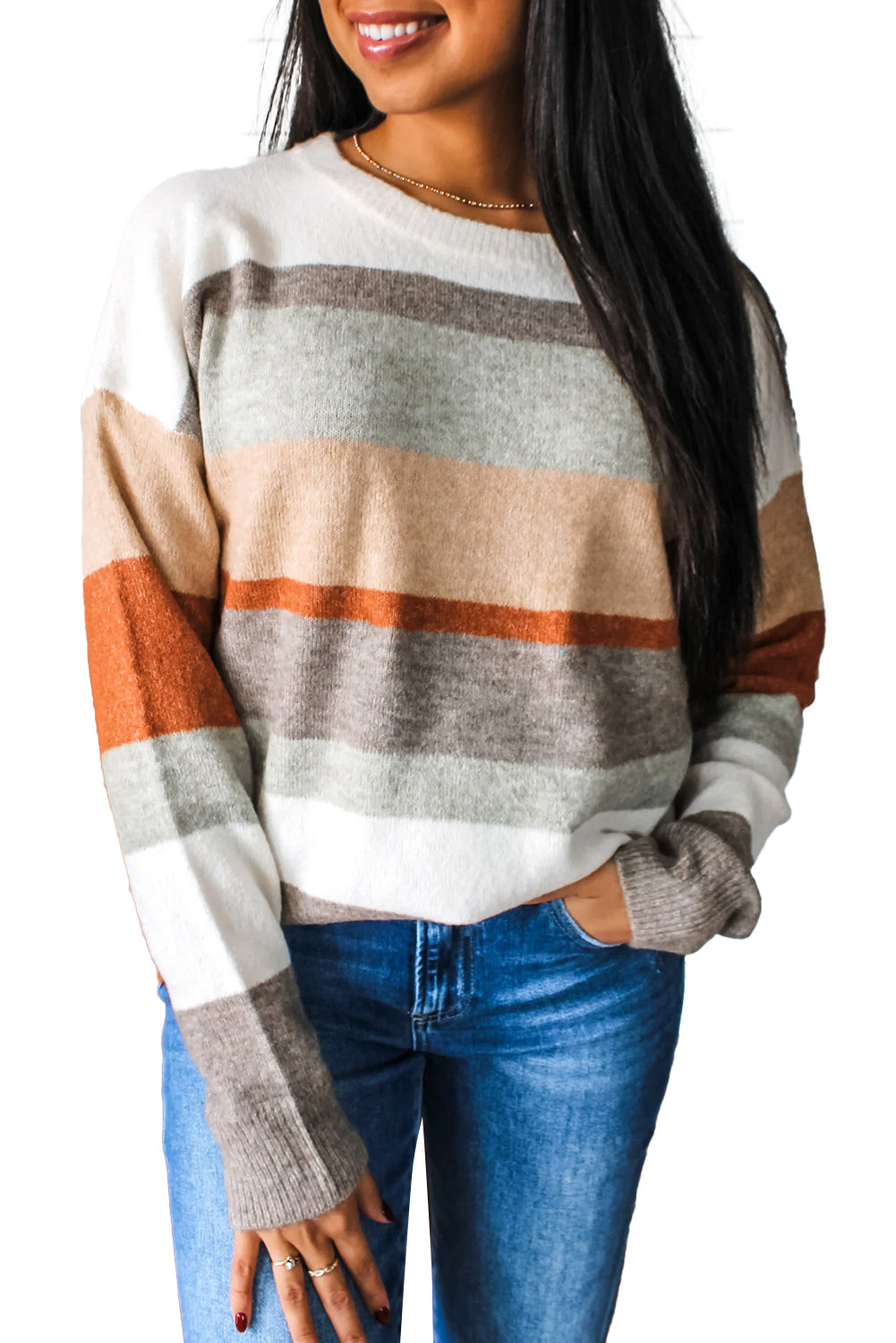 White Colorblock Striped Round Neck Drop Sleeve Sweater 93030a1868a88fbb