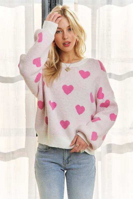 ADORA Heart Round Neck Drop Shoulder Sweater OFF WHITE PINK 9305f498-70cf-4ff5-8ad8-2a7faf457612-Max