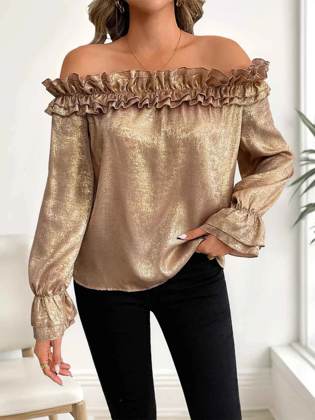Ruffled Off-Shoulder Flounce Sleeve Blouse 9306cfbe48d14a889d4163b71df459a1-Max-Origin