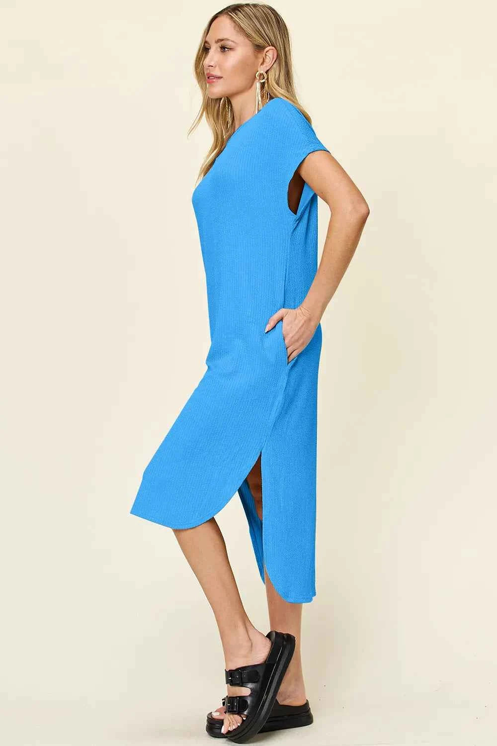 Double Take Full Size Round Neck Short Sleeve Slit Dress 9314e25b-a844-4f94-900f-ecf1e2778f66-Max