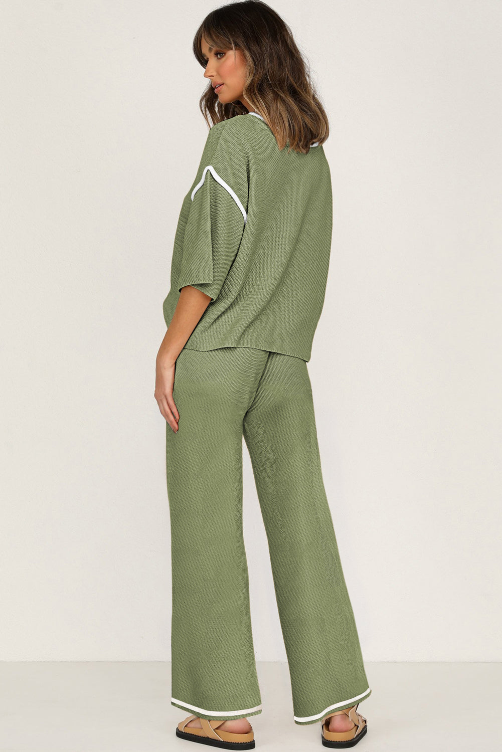 Black Loose Contrast Trim Half Sleeve Top and Drawstring Pants Set 9315079e1470cfad