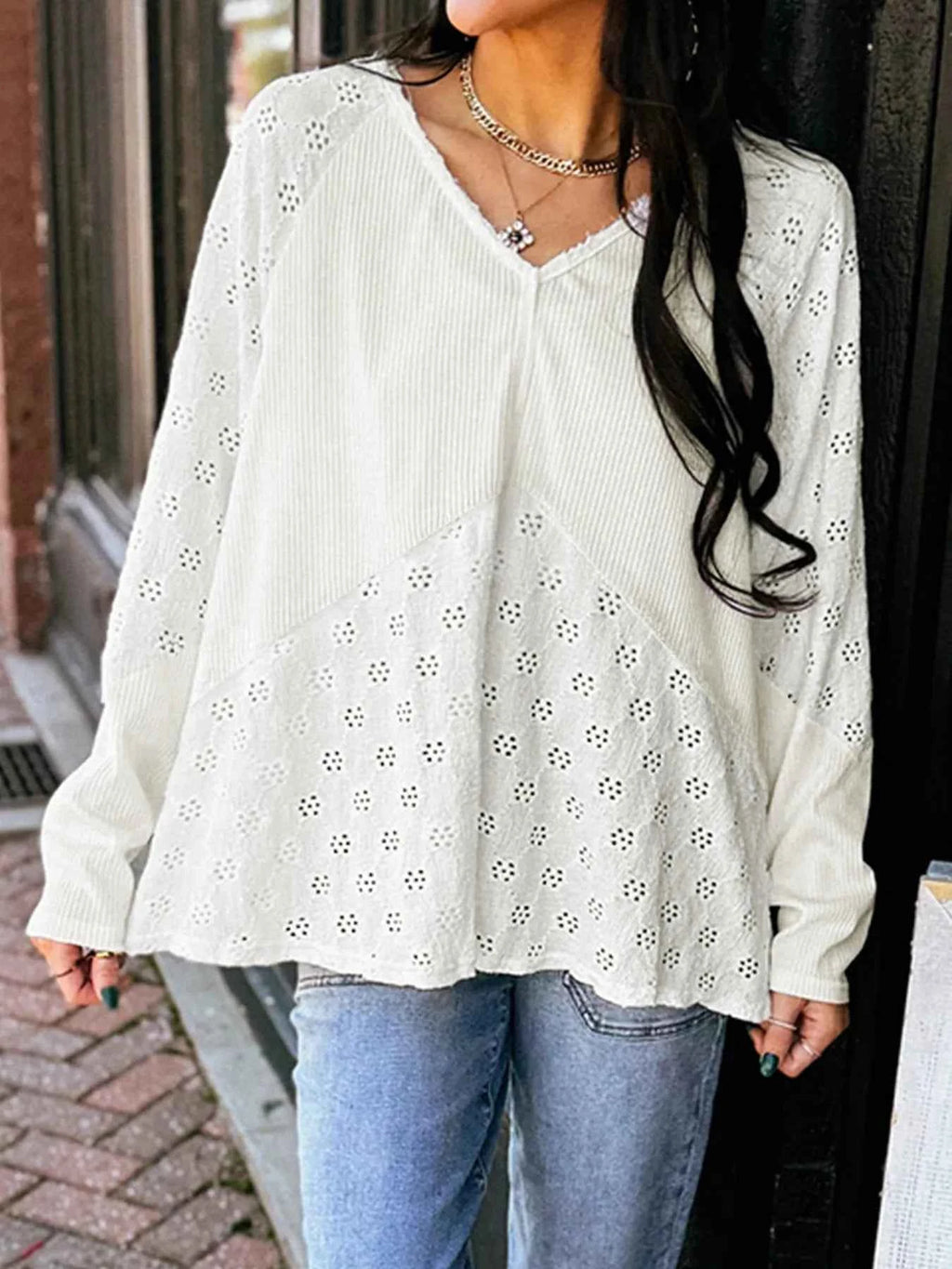 Eyelet Embroidered Loose V Neck Long Sleeve Top 931529ad92534498881624f906b7568b-Max-Origin