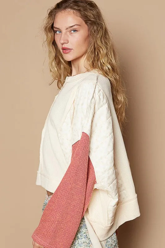 POL Waffle-Knit Contrast Notched Long Sleeve Knit Top 93166820-9640-4a0b-87d7-003d3e7a8498-Max