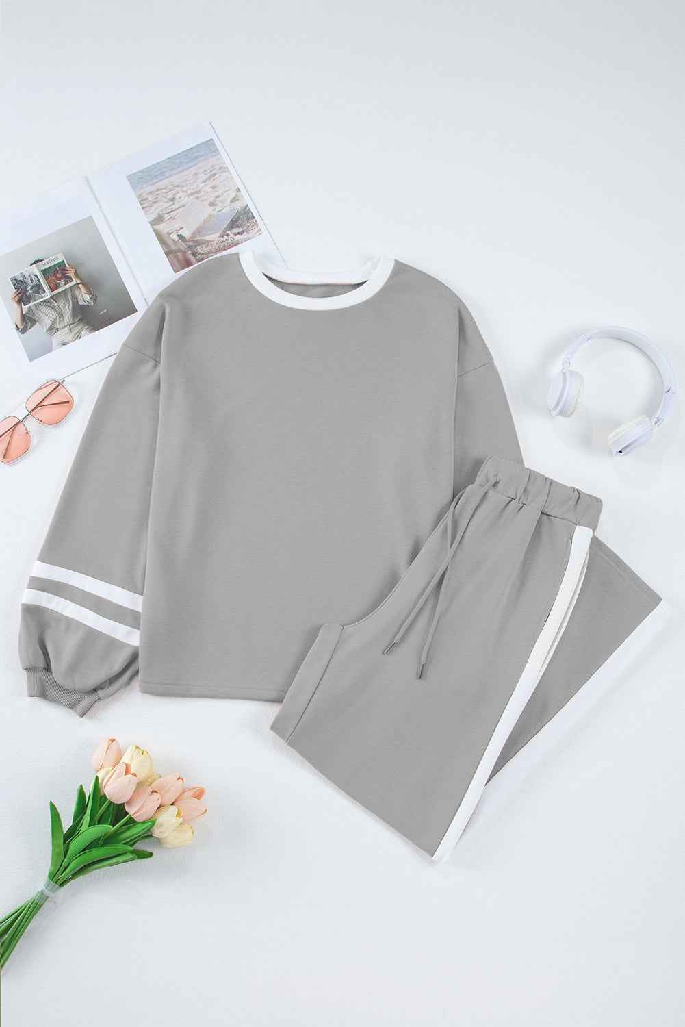Mineral Red Varsity Stripe Patchwork Puff Sleeve Pullover Drawstring Wide Leg Pant Set 9317ddf0edabf464