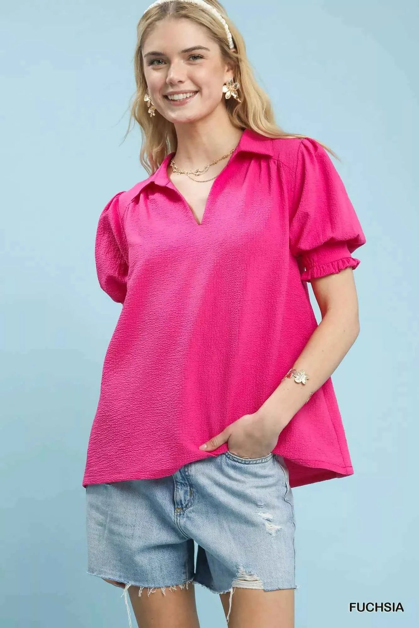 Umgee Seersucker Puff Sleeve Blouse FUCHSIA 9318d84c-8b18-4a2a-b164-7e0e8d7474e1-Max-Origin