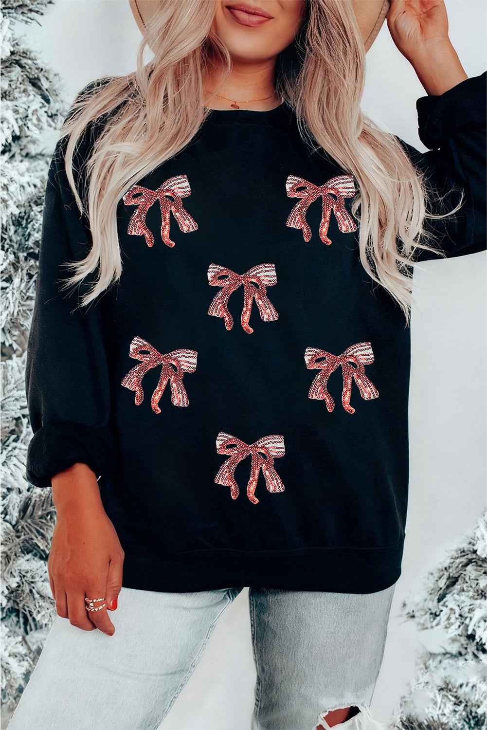 Black Christmas Fashion Sequin Ribbon Bow Patched Drop Shoulder Sweatshirt 931af26bbba2f3c2