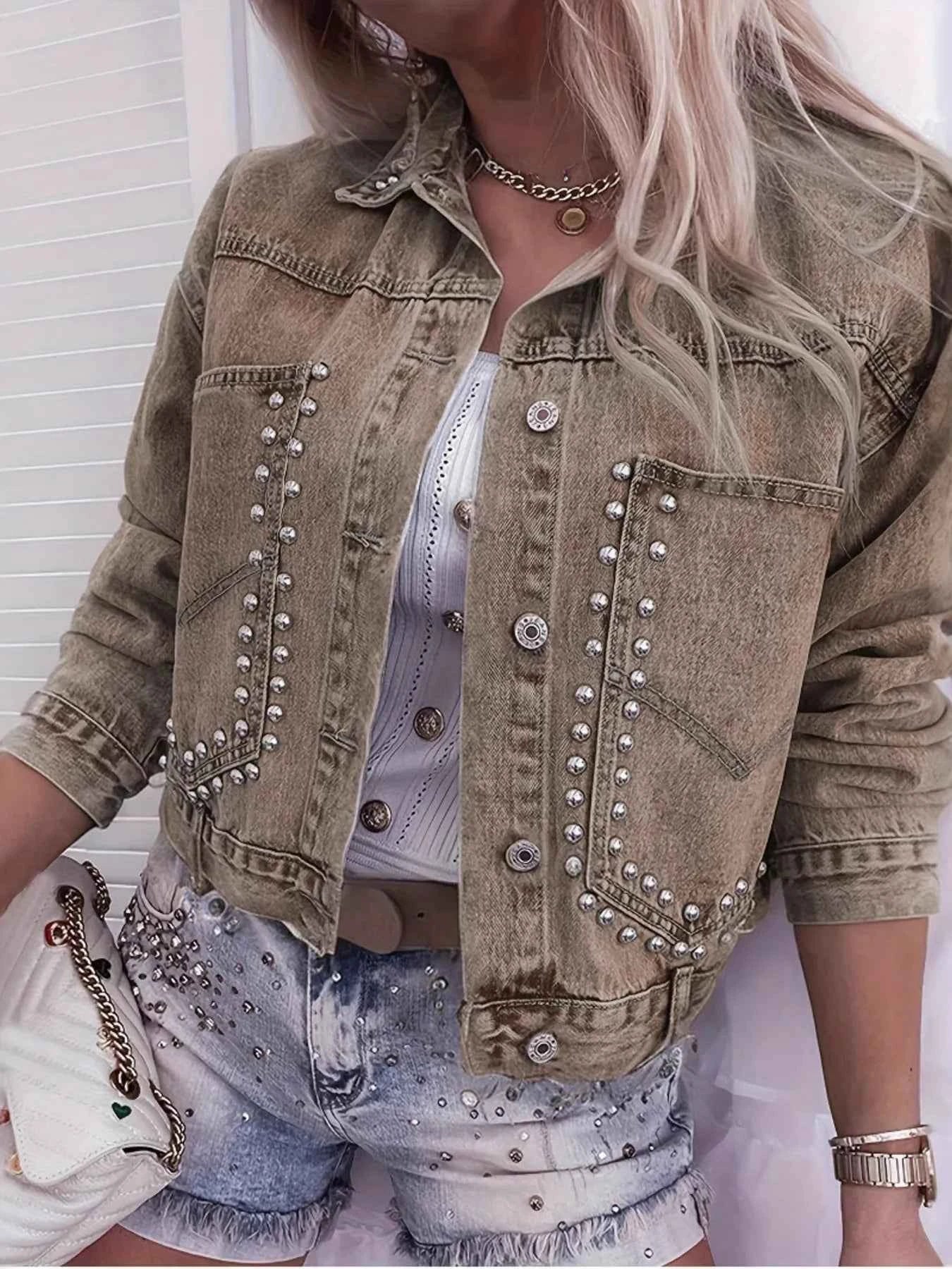 Studded Button Up Denim Jacket 93296f58b3c34d38975489e148ababbf-Max-Origin