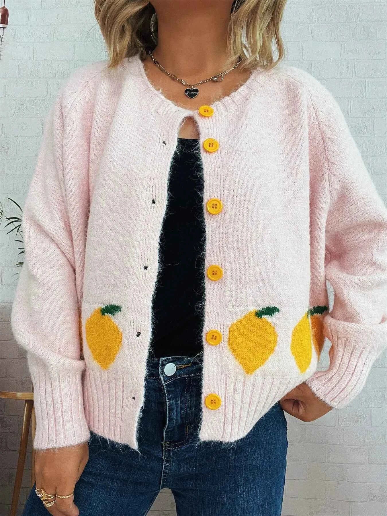 Lemon Pattern Button-Up Cardigan Pink One Size 932fa0d1bfa24c4aa3f30d7bfcb5bac4-Max-Origin