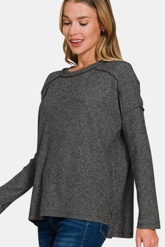 Full Size Exposed Seam Brushed Round Neck Sweater 93303219-25de-4313-8624-24ebd6a57728-Max
