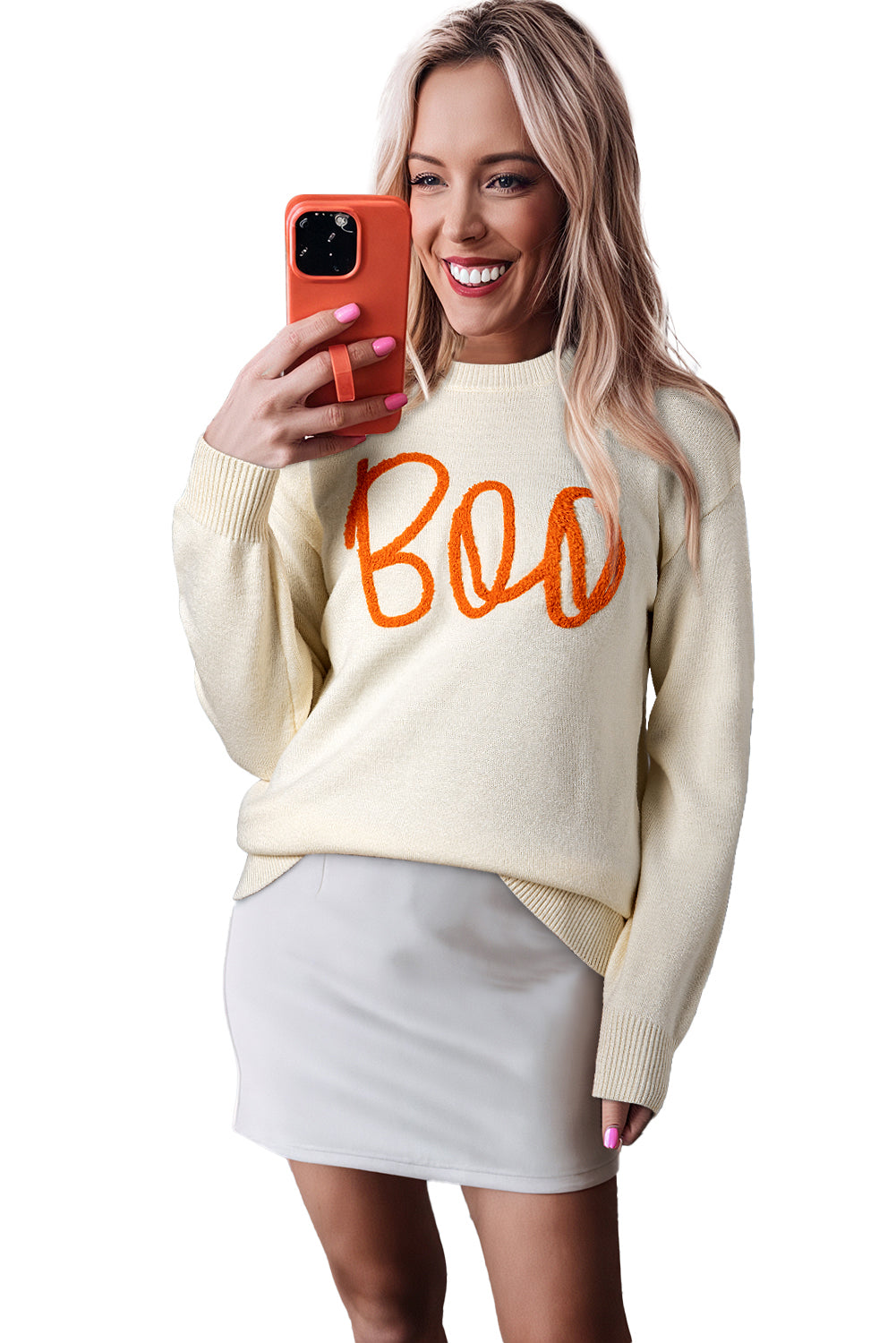 Orange Halloween Boo Drop Shoulder Knit Sweater Apricot 50%Viscose+28%Polyester+22%Polyamide 93346445b671033e