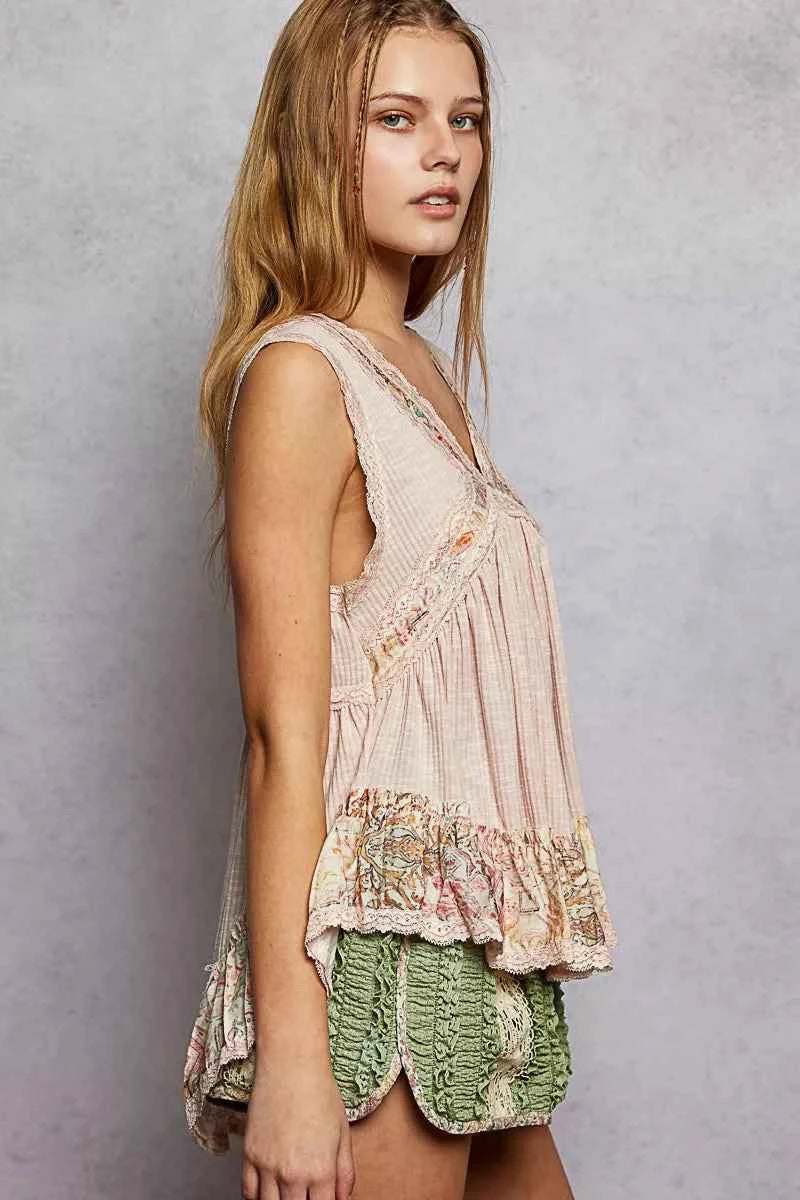 POL Lace Detail Ruffled Ribbed Sleeveless Top with Floral Pattern Trim Detail 9335524d-f447-426f-be37-a0425cf17799-Max-Origin